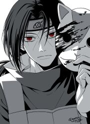  1boy blood_on_mask closed_mouth commentary_request forehead_protector fox_mask greyscale high_collar highres holding holding_mask konohagakure_anbu_uniform konohagakure_symbol korean_commentary looking_at_viewer male_focus mask metalofyang monochrome naruto_(series) naruto_shippuuden red_eyes sharingan simple_background solo spot_color twitter_username uchiha_itachi unworn_mask white_background 