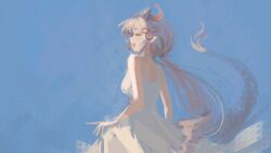  1girl absurdres blue_sky character_request clear_sky closed_eyes copyright_request cowboy_shot dress facing_to_the_side grin hair_ribbon highres long_hair low_ponytail naokomama no_lineart outdoors painterly pointy_ears ponytail ribbon sidelighting sidelocks sky smile solo spaghetti_strap very_long_hair white_dress white_hair wind wind_lift 