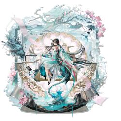  1girl :o absurdres architecture arknights bamboo_slips bead_bracelet beads belt bird bitey_(arknights) black_belt black_choker black_hair black_shoes bracelet braid braided_hair_rings bridge butterfly_hair_ornament check_clothing chest_belt chinese_clothes choker clothing_request colored_inner_hair colored_skin dawn_(arknights) deer dragon dragon_girl dragon_horns dragon_tail dress dusk_(arknights) dusk_(hazy_jade)_(arknights) earrings east_asian_architecture eastern_dragon eastern_dragon_horns eastern_dragon_tail flower frilled_dress frills full_body green_dress green_hair green_horns green_skin hair_ornament hair_rings hanfu high_heels highres holding holding_brush horns jewelry kroos_(arknights) kroos_the_keen_glint_(arknights) lava_(arknights) lava_the_purgatory_(arknights) long_dress long_hair looking_at_viewer mountain mr._nothing_(arknights) multicolored_hair official_alternate_costume official_art one_eye_covered pink_flower pointy_ears qixiong_ruqun red_eyes river saga_(arknights) scroll see-through_clothes see-through_dress shoes sidelocks single_bare_shoulder sitting sitting_on_throne solo streaked_hair studio_montagne sword tachi-e tail third-party_source transparent_background tree two-tone_dress two-tone_hair very_long_hair weapon white_dress wide_sleeves writing 