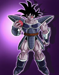  1boy absurdres armor big_hair black_eyes black_hair boots breastplate collarbone dragon_ball dragon_ball_z dragon_ball_z:_the_tree_of_might evil_grin evil_smile food fruit full_body grin highres holding holding_food holding_fruit knees monkey_tail muscular muscular_male outline purple_background saiyan_armor scouter shadow smile solo spiky_hair tail tail_belt tullece vambraces white_outline yumegiwa-lastboy0112 