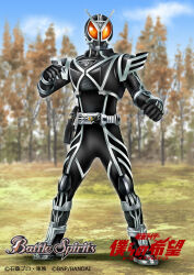  1boy antennae armor batayan battle_spirits black_armor black_bodysuit black_gloves black_helmet bodysuit commentary_request copyright_logo copyright_name copyright_notice delta_driver gloves helmet highres kamen_rider kamen_rider_555 kamen_rider_delta logo official_art orange_eyes outdoors rider_belt silver_trim solo tokusatsu 