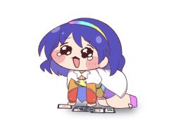  1girl ability_card_(touhou) all_fours bag blue_hair blush cape chibi commentary_request full_body hairband highres meme multicolored_hairband open_mouth pleading_eyes purabird0370 short_hair simple_background solo speakiposting_(meme) tenkyuu_chimata touhou variant_set white_background white_cape zipper 