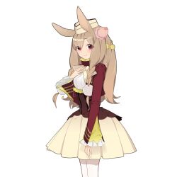  1girl animal_ears braid braided_sidelocks breasts brown_hair closed_mouth flower garrison_cap hair_flower hair_ornament hand_on_own_chest hat laby_thebirth long_hair long_sleeves medium_breasts pantyhose pleated_skirt rabbit_ears rabbit_girl red_eyes red_shirt shirt skirt uchako uchi_no_hime-sama_ga_ichiban_kawaii white_pantyhose yellow_hat yellow_skirt 