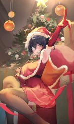  1girl :o absurdres ahoge armpits black_thighhighs blue_eyes blue_hair breasts christmas christmas_ornaments christmas_tree chuunibyou_demo_koi_ga_shitai! commentary_request eyepatch fur-trimmed_gloves fur_trim gloves green_ribbon gunu_(nyzn3223) hat highres looking_at_viewer medical_eyepatch medium_breasts ribbon santa_costume santa_hat short_hair sitting star_(symbol) takanashi_rikka thigh-highs tree-topper 