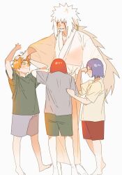  1girl 3boys blue_hair child commentary_request facial_mark happy ikki1115689 jiraiya_(naruto) konan_(naruto) korean_commentary long_hair multiple_boys nagato_(naruto) naruto_(series) naruto_shippuuden orange_hair red_hair smile spiky_hair teacher_and_student white_hair yahiko_(naruto) 