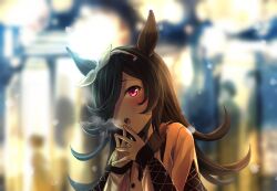  1girl animal_ears batako_(pfbatakopd) blurry blurry_background blush bow_hairband breath brown_dress brown_hair brown_ribbon casual commentary_request dress flipped_hair hair_over_one_eye hairband horse_ears horse_girl long_hair long_sleeves open_mouth ribbon rice_shower_(casual)_(umamusume) rice_shower_(umamusume) snow steepled_fingers umamusume violet_eyes white_hairband 