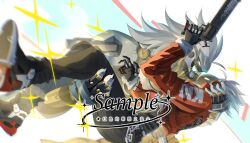  2boys banyue_(zenless_zone_zero) billy_kid black_pants black_shoes carrying clothed_robot clothes_around_waist eye_contact from_side grey_hair gun highres holding holding_gun holding_weapon humanoid_robot jacket long_hair looking_at_another male_focus multiple_boys open_mouth pants princess_carry red_jacket robot robot_boy sample_watermark shoes sparkle wasterdemon watermark weapon white_background white_hair yellow_eyes zenless_zone_zero 