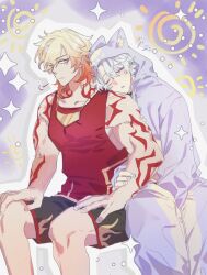  2boys alternate_costume animal_costume animal_ears antenna_hair arm_tattoo black_shorts blonde_hair blue_eyes braid creature earrings facial_tattoo fake_animal_ears gold_earrings gradient_hair gym_shorts hashtag-only_commentary head_on_another's_shoulder highres holding holding_creature honkai:_star_rail honkai_(series) jewelry leg_tattoo male_focus medium_hair multicolored_hair multiple_boys mydei_(honkai:_star_rail) onesie pajamas parted_bangs phainon_(honkai:_star_rail) purple_pajamas red_hair red_tattoo seutaleild51149 short_hair shorts side_braid simple_background sleeping sleeping_on_person sleeping_upright tattoo white_background white_hair yellow_eyes 