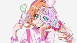  1girl akechi_anna blush commentary double_bun eyelashes finger_gun frilled_shirt frills hair_bun heart_stick highres holding_lightstick htr_it jewelry lightstick long_sleeves meitantei_precure! necklace orange_hair parted_bangs precure purple_hair purple_shirt see_through shirt smile solo solo_focus suspenders twintails twitter_username untranslatable_commentary upper_body watermark 