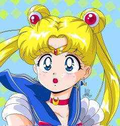  1girl :o anello81 bishoujo_senshi_sailor_moon blonde_hair blue_eyes blue_sailor_collar bow choker circlet crescent_choker double_bun earrings elbow_gloves gloves hair_bun highres jewelry long_hair open_mouth parted_bangs raised_eyebrows red_bow red_choker sailor_collar sailor_moon sailor_senshi_uniform solo tsukino_usagi twintails white_gloves 
