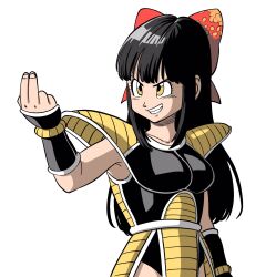  1girl armor black_leotard bow breasts commentary_request cosplay dragon_ball dragon_ball_z evil_grin evil_smile grin hair_bow highres hip_armor indie_virtual_youtuber lee_(dragon_garou) leotard long_hair medium_breasts mito_wakana nappa nappa_(cosplay) parody red_bow saiyan_armor shoulder_armor smile solo style_parody toriyama_akira_(style) upper_body virtual_youtuber 