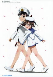  2girls artist_request black_hair blue_one-piece_swimsuit blush brown_hair eyepatch falling_petals full_body hat jacket katana long_hair looking_at_viewer military_hat military_uniform miyafuji_yoshika multiple_girls no_pants official_art one-piece_swimsuit open_mouth petals sakamoto_mio school_uniform shoes short_hair simple_background smile standing strike_witches swimsuit swimsuit_under_clothes sword walking weapon white_background white_jacket white_shoes world_witches_series 