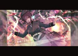  108shizuku 1girl absurdres commentary_request hat heaven_burns_red highres lightning military_hat military_rank_insignia military_uniform orange_eyes purple_hair short_hair sparks tezuka_saki 