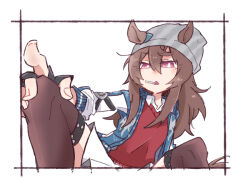  1girl beanie beer_hsk black_gloves blue_jacket brown_thighhighs candy collared_shirt commentary_request feet_out_of_frame fingerless_gloves fingernails food food_in_mouth gloves grey_hat hair_between_eyes hat jacket lollipop nakayama_festa_(umamusume) open_clothes open_jacket parted_lips pleated_skirt shirt simple_background skirt solo striped_clothes striped_headwear sweater_vest thigh-highs umamusume vertical-striped_clothes vertical-striped_headwear violet_eyes white_background white_shirt white_skirt 