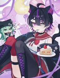  2girls absurdres ahoge animal_ears asymmetrical_legwear balloon beanie black_boots black_choker black_hair black_hat black_thighhighs boots cake cake_slice cat_ears cat_girl cat_hair_ornament cat_tail choker closed_mouth commentary double-parted_bangs ear_piercing earrings eating english_commentary food fork green_eyes green_hair grey_eyes hair_between_eyes hair_ornament hat heart_balloon heterochromia highres holding holding_fork holding_party_popper holding_plate jewelry long_hair long_sleeves looking_at_viewer mismatched_legwear multicolored_hair multiple_girls namin_(namin_star) nanase_(namin) open_mouth original party_popper piercing plate purple_streaks red_sailor_collar red_skirt red_thighhighs sailor_collar shirt short_hair skirt sleeves_past_fingers sleeves_past_wrists smile solo_focus star-shaped_pupils star_(symbol) streaked_hair symbol-shaped_pupils tail thigh-highs violet_eyes white_shirt wide_sleeves 