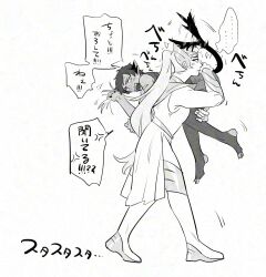  2girls adora_(she-ra) anger_vein animal_ears carrying carrying_over_shoulder carrying_person cat_ears cat_girl catra furry furry_female gaugau7696 greyscale highres long_hair monochrome multiple_girls ponytail she-ra she-ra_and_the_princesses_of_power short_hair shouting stirrup_legwear toeless_legwear translation_request very_long_hair very_short_hair waist_cape 