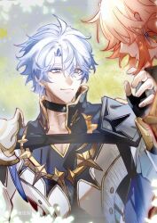  2boys absurdres antenna_hair armor black_choker black_coat black_gloves black_shirt blonde_hair blue_eyes chinese_commentary choker clawed_gauntlets coat commentary_request earrings fingerless_gloves gloves gold_earrings gradient_hair highres honkai:_star_rail honkai_(series) jewelry jidushenheemm looking_at_another male_focus medium_hair multicolored_hair multiple_boys mydei_(honkai:_star_rail) neck_tattoo parted_bangs pauldrons phainon_(honkai:_star_rail) red_hair shirt short_hair shoulder_armor single_pauldron sun_symbol sun_tattoo tattoo white_coat white_hair 
