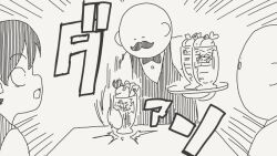  1girl 2boys :o bald booth_seating check_commentary commentary_request facial_hair food holding holding_tray horideiyasumi mob_face monochrome motion_blur motion_lines multiple_boys mustache original parfait restaurant school_uniform shipping_(fandom) tray waiter wide-eyed 