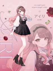  1girl absurdres airi_(iriam) black_dress black_hairband black_shoes brown_eyes brown_hair character_name closed_mouth commentary_request copyright_name dress english_text flower full_body gem gradient_hair hair_behind_ear hairband heart highres iriam long_hair multicolored_hair official_art pink_hair puffy_sleeves red_flower red_gem second-party_source shirase_(shirose) shirt shoes smile streaked_hair white_shirt yellow_gem zoom_layer 