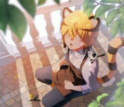  1boy 1sankn animal_ears animal_on_shoulder apron bird bird_on_shoulder blanc_(heartopia) blurry blurry_foreground brown_apron collared_shirt commentary crossed_bangs dandelion flower from_above full_body hair_over_eyes heartopia light_rays looking_at_viewer looking_up male_focus outdoors parted_lips shirt short_hair solo squatting striped_tail sunlight tail teeth tiger_boy tiger_ears tiger_tail upper_teeth_only 