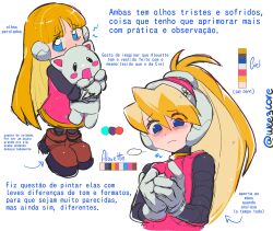  2girls alouette_(mega_man) blonde_hair blue_eyes character_name child ciel_(mega_man) dress english_commentary full_body high_ponytail highres holding holding_stuffed_toy long_hair mega_man_(series) mega_man_zero_(series) multiple_girls pink_dress pink_shirt ponytail robot_ears shirt simple_background stuffed_animal stuffed_cat stuffed_toy translation_request weezcore white_background 