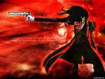  1boy alucard_(hellsing) artist_request ascot black_hair eyes glowing_eyes gun hellsing long_coat looking_at_viewer male necktie opaque_glasses overcoat pentagram pistol red smile solo sunglasses vampire weapon 