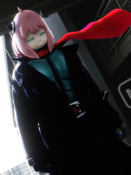  1girl absurdres anya's_heh_face_(meme) anya_(spy_x_family) armor armored_bodysuit arms_at_sides black_bodysuit black_coat blush bodysuit breastplate building buttons coat commentary cosplay cowboy_shot cowlick dutch_angle figure_(medium) green_armor green_eyes grin hairpods half-closed_eyes highres kamen_rider kamen_rider_1 kamen_rider_1_(shin) kamen_rider_1_(shin)_(cosplay) lapels long_coat long_sleeves looking_at_viewer love894anon medium_hair meme open_clothes open_coat overexposure photo_(medium) photoshop_(medium) pink_hair red_scarf rider_belt scarf shin_kamen_rider smile solo spy_x_family standing tokusatsu typhoon_(kamen_rider) 