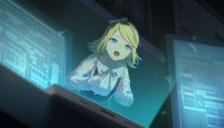  1girl 25-ji_rin black_bow black_hairband blonde_hair blue_eyes bow bow_hairband colorful_palette game_cg hairband highres hologram kagamine_rin official_art open_mouth project_sekai shirt solo third-party_source tongue triangle unreliable_notes_(project_sekai) vocaloid white_shirt 