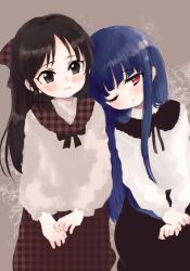  2girls black_eyes black_hair blue_hair blush commentary_request head_on_another's_shoulder highres idolmaster idolmaster_cinderella_girls long_hair looking_at_another looking_at_viewer multiple_girls one_eye_closed red_eyes sajo_yukimi shin_fuj sitting skirt tachibana_arisu 