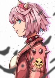  1girl absurdres ahoge aqua_eyes bob_cut breasts collar commentary elphelt_valentine guilty_gear guilty_gear_strive hairband highres huge_ahoge jacket large_breasts momo_juice pink_collar pink_hairband pink_jacket short_hair smile solo spiked_collar spiked_hairband spiked_jacket spikes untranslatable_commentary upper_body white_hair 
