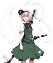  1girl belt belt_buckle black_hairband black_ribbon blush bow breasts buckle buttons closed_eyes commentary_request crote crying green_skirt green_vest grey_hair hairband highres holding holding_sword holding_weapon katana konpaku_youmu konpaku_youmu_(ghost) large_variant_set neck_ribbon open_mouth puffy_sleeves ribbon short_hair simple_background skirt skirt_set small_breasts solo standing sword teeth touhou transparent_background upper_teeth_only variant_set vest weapon 