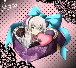  1girl ao_no_kiseki black_hairband black_ribbon blue_bow bow box chibi chocolate closed_mouth double-parted_bangs eiyuu_densetsu elie_macdowell english_commentary english_text gift gift_box green_eyes hair_between_eyes hair_ribbon hairband half_updo heart highres holding holding_heart long_sleeves looking_at_viewer ribbon smile solo spirit_rise white_hair zero_no_kiseki 