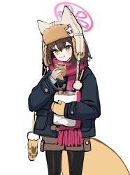  1girl :t alternate_costume animal_ear_headwear animal_ears bag black_coat black_pantyhose blue_archive blush brown_hair brown_shorts closed_mouth coat commentary cowboy_shot eating eyeshadow food food_on_face fox_ears fox_girl fox_tail fringe_trim hair_between_eyes halo hand_up hat highres holding holding_bag holding_food izuna_(blue_archive) long_sleeves looking_at_viewer makeup medium_hair mittens pantyhose pink_halo pink_scarf prock red_eyeshadow scarf shorts simple_background single_mitten sketch smile solo steam tail taiyaki ushanka wagashi white_background winter_clothes yellow_eyes 