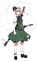  1girl absurdres belt belt_buckle black_hairband black_ribbon black_shoes blue_eyes bow buckle buttons closed_mouth commentary_request crote full_body green_skirt green_vest grey_hair hairband highres holding holding_sword holding_weapon konpaku_youmu konpaku_youmu_(ghost) large_variant_set neck_ribbon puffy_sleeves ribbon shoes short_hair simple_background skirt skirt_set smile socks solo standing sword touhou transparent_background variant_set vest weapon white_socks 