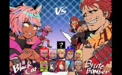  1boy 1girl 6+others abs ahoge ammunition_pouch animal_ears argyle_background armor belt black_border black_cat_(ff14) black_hair black_pants black_wrist_cuffs blonde_hair blue_background blue_hair blue_light border braid brown_belt brown_shoes brute_bomber cat_ears cat_girl character_name character_request character_select check_clothing closed_mouth clothing_request commentary_request crop_top curtained_hair dede_(qwea_00000) english_text fighting_game fighting_stance final_fantasy final_fantasy_xiv fingerless_gloves fingernails fist_in_hand front_braid gloves glowing glowing_eyes gradient_background green_hair green_shirt grin hair_over_eyes hair_slicked_back hand_on_own_cheek hand_on_own_face hector_(ff14) highres jacket jewelry korean_commentary long_bangs long_fingernails long_hair medium_hair mole mole_under_mouth multiple_others necklace one_eye_closed open_mouth own_hands_together pants pillarboxed pink-tinted_eyewear pink_background pink_hair pink_jacket pouch red_eyes red_gloves red_hair red_lips red_shorts scarf shirt shoes short-sleeved_jacket short_hair short_sleeves shorts shoulder_armor shoulder_spikes shoulder_strap slit_pupils smile smirk spikes square_jawline sunglasses swept_bangs tinted_eyewear v v-shaped_eyebrows vs white_hair white_nails white_shirt wrist_cuffs yaana_(ff14) yellow_eyes yellow_scarf yellow_shirt 