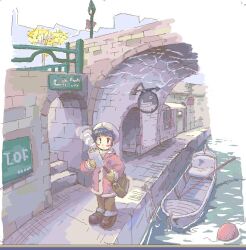  1girl arch bag black_eyes black_hair blunt_bangs blush boat breath bridge brown_bag brown_mittens brown_shoes buoy canal clipboard closed_mouth coat commentary_request day dot_mouth fur-trimmed_coat fur_trim hat holding holding_clipboard lamppost long_sleeves mittens oekaki original outdoors paint_chat_(medium) pants path railing red_coat rope rowboat scenery shoes short_hair shoulder_bag sign solo stairs standing stone_wall town tree waka_(sagi) water watercraft white_hat wide_shot winter_clothes 