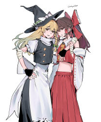  2girls absurdres apron arm_around_shoulder ascot bandaged_arm bandages bare_shoulders black_gloves black_skirt blonde_hair bow braid brown_hair commentary_request detached_sleeves fingerless_gloves frilled_bow frilled_hair_tubes frills gloves green_bow hair_bow hair_tubes hakurei_reimu hat hat_bow highres kirisame_marisa midriff multiple_girls nontraditional_miko ponytail puffy_sleeves red_bow red_eyes red_shirt red_skirt ribbon-trimmed_sleeves ribbon_trim shirt side_braid single_braid skirt skirt_set sleeveless sleeveless_shirt takoyaki5221 touhou turtleneck waist_apron white_background white_bow white_shirt witch_hat yellow_ascot yellow_eyes 