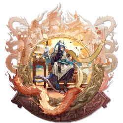  1girl absurdres architecture arknights armor bamboo_slips bead_necklace beads black_gloves black_robe black_thighhighs blue_hair blue_horns blue_skin blue_tail board_game book book_stack boots bracelet braid braided_ponytail brown_boots chair check_clothing chinese_armor chinese_clothes closed_mouth clothing_request coin colored_shoe_soles colored_skin crossed_legs doctor_(arknights) dragon dragon_girl dragon_horns dragon_print dragon_tail earrings east_asian_architecture eastern_dragon eastern_dragon_horns eastern_dragon_tail eyeliner full_body gloves go_(board_game) guanjin hand_fan hand_on_own_face hanfu high_ponytail highres holding holding_fan holed_coin horns jewelry lantern light_smile ling_(a_gallant_dream)_(arknights) ling_(arknights) long_hair looking_down makeup mountain multicolored_hair multiple_bracelets multiple_views necklace official_alternate_costume official_art on_chair paper_lantern partially_fingerless_gloves pauldrons pointy_ears ponytail qinghua_(porcelain) reading red_eyeliner river robe sheath sheathed shoulder_armor single_bare_shoulder single_pauldron sitting solo streaked_hair sword tachi-e tail tassel tassel_earrings thigh-highs third-party_source transparent_background two-tone_hair two-tone_robe violet_eyes waistband weapon white_hair white_robe wide_sleeves wooden_chair xiayehongming zhijupao 