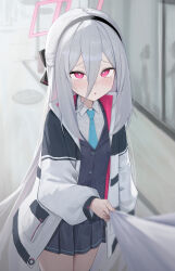  1girl absurdres black_hairband black_skirt blue_archive blue_necktie blush commentary hair_between_eyes hairband halo highres jacket kei_(blue_archive) kei_(new_body)_(blue_archive) lizard0221 long_hair long_hair_between_eyes looking_at_viewer necktie parted_lips pink_halo pleated_skirt rectangular_halo shirt skirt tears very_long_hair white_hair white_jacket white_shirt 