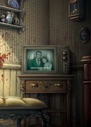  1boy 1girl blood blood_splatter blood_stain check_commentary china_(object) clock commentary_request crt drawer english_text grandfather_clock highres indoors irony kobone_awaki lamp muted_color object_request original painting_(object) photo_(object) picture_frame shelf television vase wainscoting wallpaper_(object) 