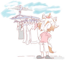  1girl animal_ears beer_hsk black_slippers blue_eyes brown_hair chibi closed_mouth clothes_pin commentary_request crown day hair_between_eyes hands_on_own_hips horse_ears horse_girl horse_tail mini_crown outdoors pants pink_shirt shirt short_sleeves slippers smile solo standing t.m._opera_o_(umamusume) tail umamusume white_pants |_| 