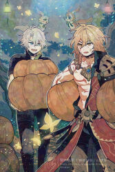  2boys antenna_hair arm_tattoo armlet armor black_choker black_coat black_pants black_shirt blonde_hair blue_eyes braid chest_tattoo choker coat commentary earrings facial_tattoo gold_earrings gold_necklace gradient_hair holding holding_pumpkin honkai:_star_rail honkai_(series) jewelry leg_armor male_focus medium_hair miwawa multicolored_hair multiple_boys mydei_(honkai:_star_rail) neck_tattoo necklace open_clothes open_coat pants parted_bangs pauldrons phainon_(honkai:_star_rail) pumpkin red_hair red_tattoo shirt short_hair shoulder_armor side_braid single_pauldron sun_symbol sun_tattoo tattoo untranslatable_commentary watermark white_hair yellow_eyes 