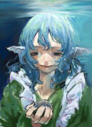  1girl absurdres air_bubble blue_eyes blue_hair blue_nails bubble commentary fins frills green_kimono hair_between_eyes head_fins highres holding holding_rock japanese_clothes kimono light_smile looking_at_viewer medium_hair mermaid monster_girl nail_polish omaega_chan rock solo touhou underwater upper_body wakasagihime water 