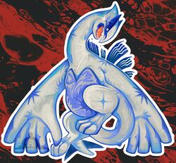 absurdres animal_focus fangs highres looking_at_viewer lugia no_humans open_mouth pokemon pokemon_(creature) pokemon_focus solo tail wings wusdiswusdat 