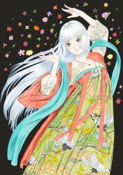  1girl absurdres arm_up bird black_background blue_eyes blunt_bangs chinese_clothes chinese_commentary commentary_request crane_(animal) dress floral_print flower grey_background hagoromo hanfu highres jewelry long_hair long_sleeves looking_at_viewer necklace orange_flower original painting_(medium) pink_flower print_dress qixiong_ruqun shangguan_rushi shawl simple_background solo traditional_media watercolor_(medium) white_hair yellow_eyes yellow_flower 