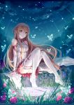  1girl artist_name asuna_(sao) bare_shoulders blush brown_eyes brown_hair dated flower highres long_hair night outdoors panties ripples sitting skirt smile solo sunnydelight sword_art_online thigh-highs underwear water yuuki_asuna 