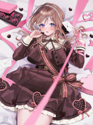  1girl blue_eyes blurry blurry_foreground blush brown_dress brown_hair brown_jacket brown_ribbon chocolate commentary_request cropped_jacket depth_of_field dress envelope food gakuen_idolmaster happy_mille-feuille_(idolmaster) heart highres himesaki_rinami holding holding_chocolate holding_envelope holding_food idolmaster jacket long_hair looking_at_another looking_at_viewer lying neck_ribbon official_alternate_costume on_back patterned_clothing pink_ribbon qr_code ribbon solo thighs unmoving_pattern valentine yuuyu_(moco20111115) 