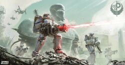  2204design 4others absurdres aiming aircraft armor assault_visor billboard blue_sky blue_visor brotherhood_of_steel brotherhood_of_steel_paladin clouds cloudy_sky commentary_request copyright_name day energy_gun fallout fallout_3 firing full_armor gatling_gun highres insignia laser_rifle latin_commentary liberty_prime mecha multiple_others outdoors post-apocalypse power_armor power_armor_(fallout) radio_tower reloading robot rubble science_fiction sky standing stepping_on_object twitter_username washington_monument weapon 
