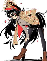  1girl alternate_costume blunt_bangs boots breasts brown_boots casual fate/grand_order fate_(series) full_body glasses grey_sweater hair_between_eyes hand_in_pocket hand_on_own_knee hat high_heel_boots high_heels highres jacket jacket_on_shoulders kuriimu0203 leaning_forward long_hair looking_at_mirror medium_breasts mirror nail_polish oda_nobunaga_(fate) oda_uri pantyhose peaked_cap pencil_skirt red_eyes red_nails ribbed_sweater skirt solo standing sweater turtleneck turtleneck_sweater very_long_hair 