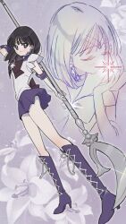  1girl back_bow bishoujo_senshi_sailor_moon black_hair boots bow brooch choker commentary earrings glaive_(polearm) gloves highres jewelry polearm purple_boots purple_sailor_collar purple_skirt sailor_collar sailor_saturn sailor_senshi_uniform short_hair silence_glaive skirt solo star_(symbol) star_brooch star_choker tomoe_hotaru untranslatable_commentary violet_eyes weapon white_gloves yyemoyy 